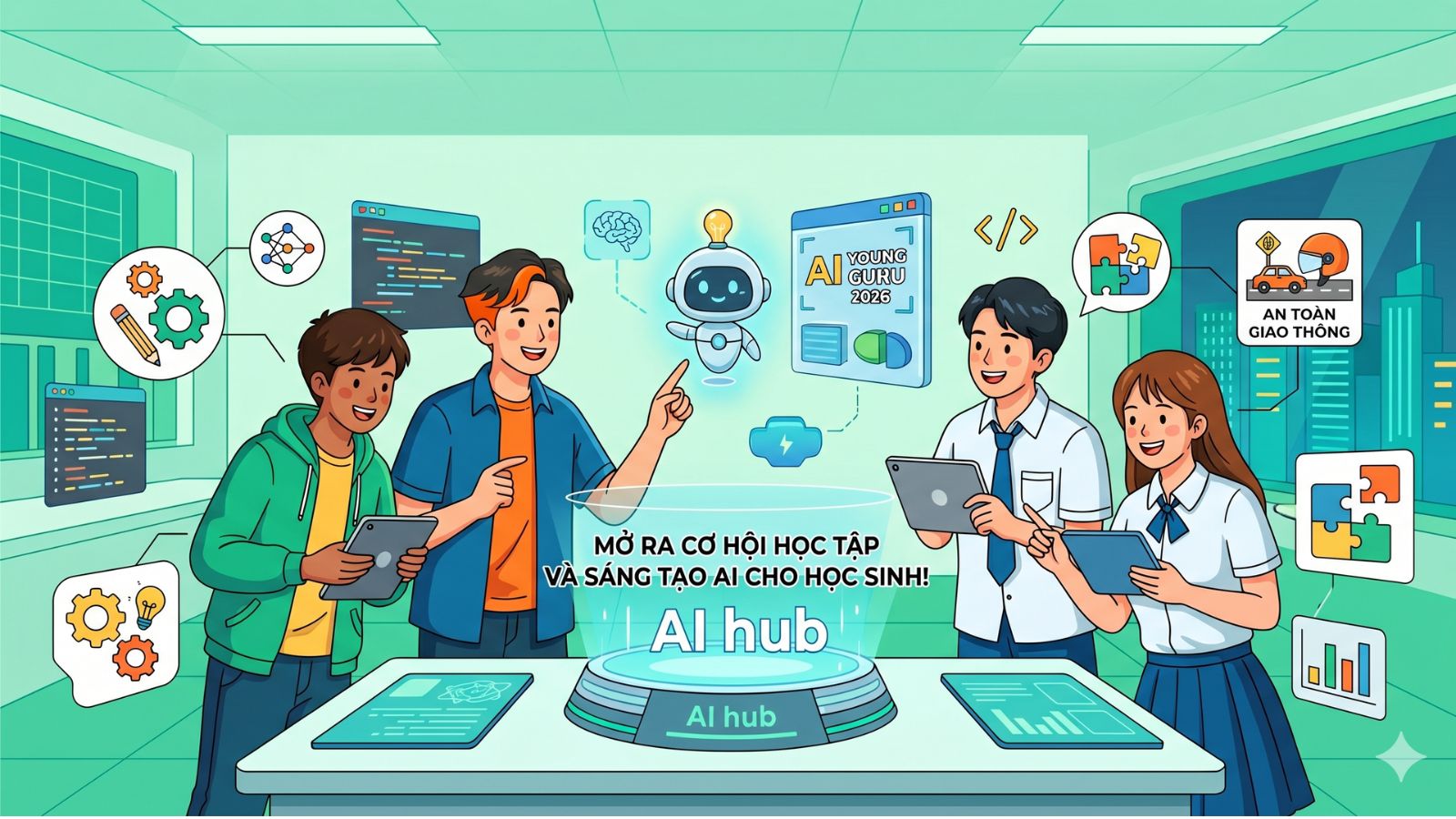 nhóm học sinh đang tận dụng cơ hội học tập và sáng tạo AI cho học sinh